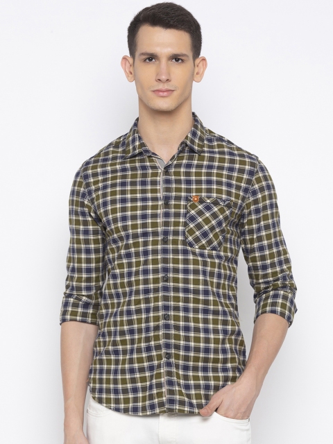 

SPYKAR Men Olive Green & Blue Slim Fit Checked Casual Shirt