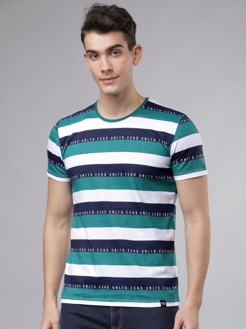 

Ecko Unltd Men White & Navy Blue Striped Round Neck T-shirt