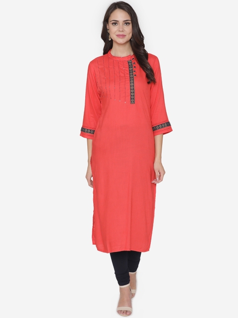 

DIVA WALK Women Coral & Navy Blue Embroidered Straight Kurta
