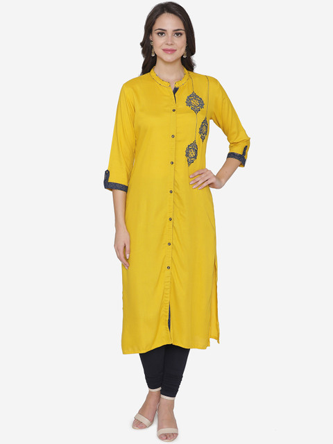 

DIVA WALK Women Yellow & Navy Blue Embroidered Straight Kurta