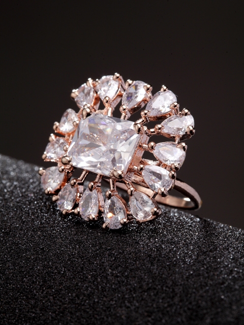 

Bhana Fashion Rose Gold-Plated American Diamond Handcrafted Rectangular Finger Ring