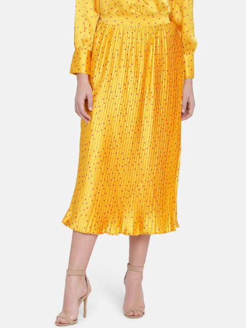 

ISU Women Yellow & Pink Printed Pleated A-Line Midi Skirt