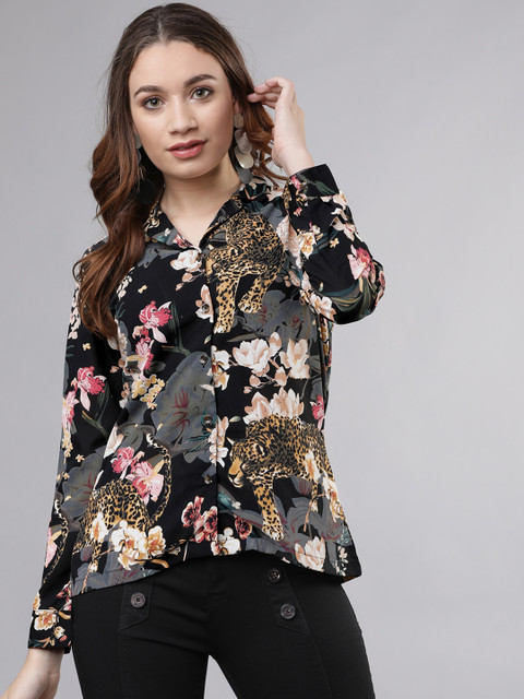 

Tokyo Talkies Women Black & Pink Regular Fit Printed Casual Shirt