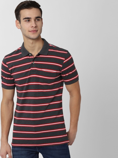 

Peter England Casuals Men Grey & Red Striped Polo Collar T-shirt