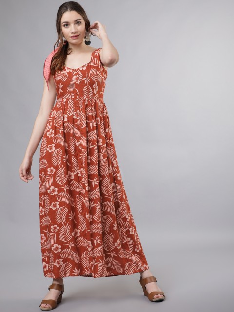 

Tokyo Talkies Women Rust Orange Printed Maxi Dress