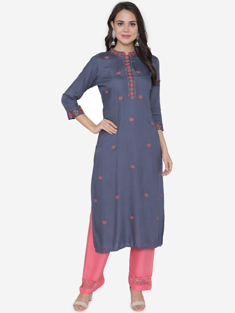 

DIVA WALK Women Blue & Pink Embroidered Straight Kurta