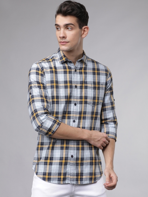 Ecko Unltd Men Blue & White Slim Fit Checked Casual Shirt