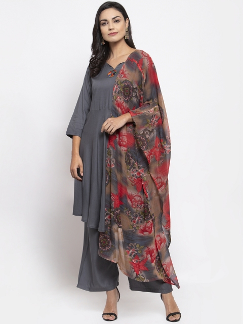

Jompers Women Grey & Red Solid Kurta with Palazzos & Dupatta