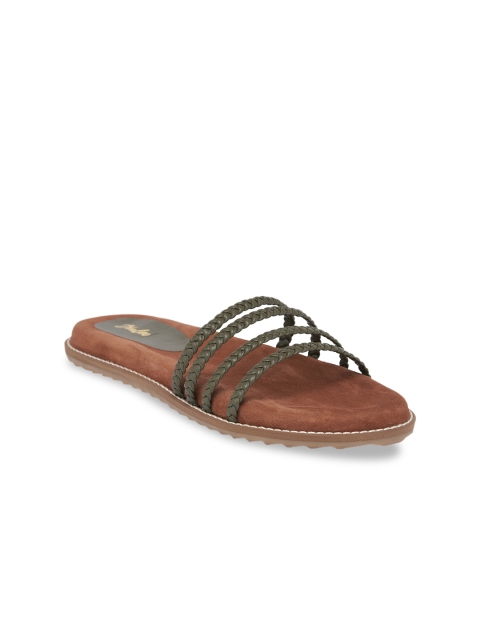 

Burloe Women Olive Green Woven Design Suede Open Toe Flats