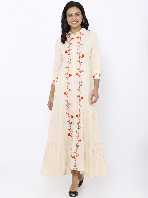 

Soie Women Beige & Orange Printed Embellished Shirt Dress