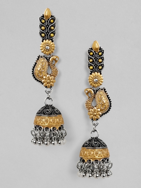 

Rubans Silver-Plated & Gold-Toned Oxidised Handcrafted Peacock Shaped Jhumkas