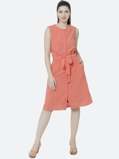 

SQew Women Coral Orange Striped Fit and Flare Dress