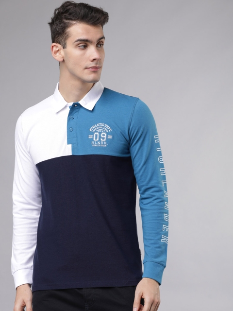 

HIGHLANDER Men Blue & White Colourblocked Slim Fit Polo Collar T-shirt