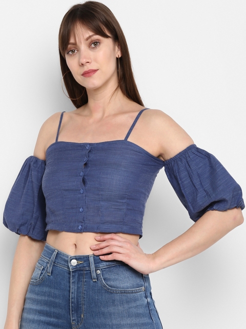 

MIAMINX Women Blue Solid Bardot Crop Top