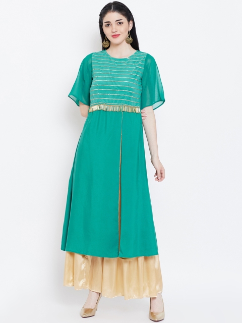 

studio rasa Women Green & Gold-Toned Embroidered Kurta with Sharara