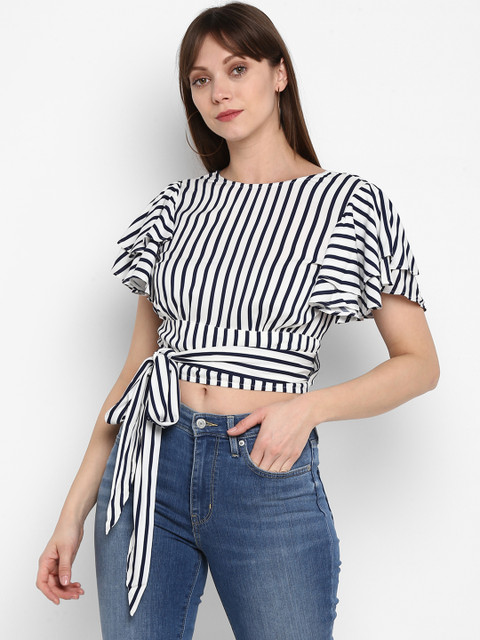 

MIAMINX Women White Striped Styled Back Crop Top
