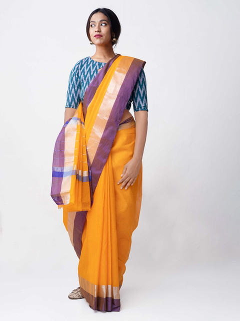 

Unnati Silks Orange & Purple Pure Cotton Solid Uppada Handloom Sustainable Saree