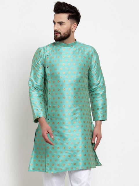 

KLOTTHE Men Sea Green & Gold-Coloured Woven Design Straight Kurta