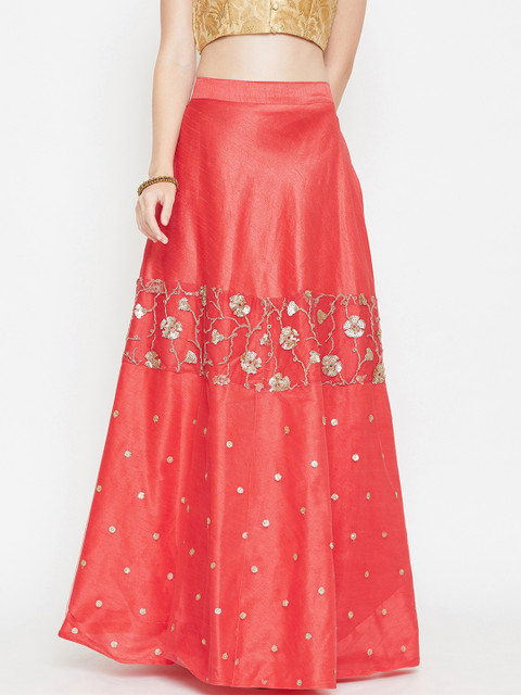 

studio rasa Women Coral Pink Embellished Dupion Net Embroidered A-Line Maxi Skirt