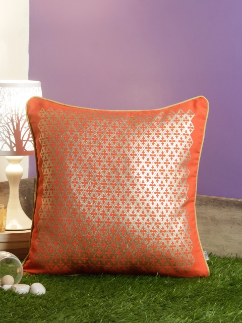 

Living Essence Coral Orange & Gold-Toned Single Ethnic Motifs Square Cushion Cover