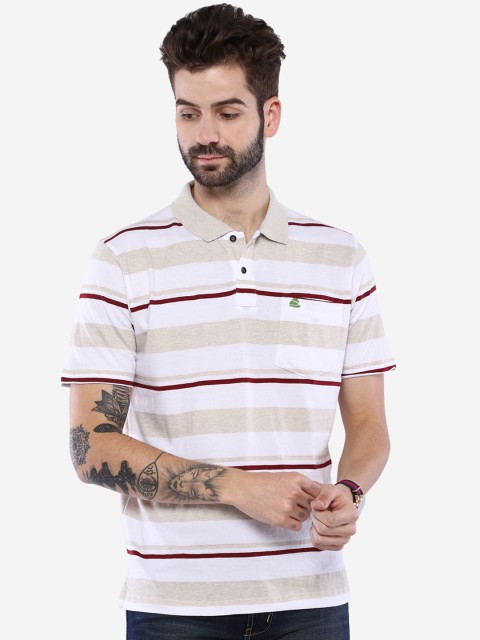 

Duke Men White & Beige Striped Polo Collar T-shirt