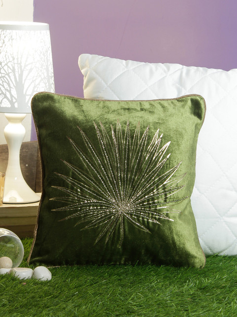 

Living Essence Green & Gold-Toned Single Embellished Square Velvet Finish Cushion Cover