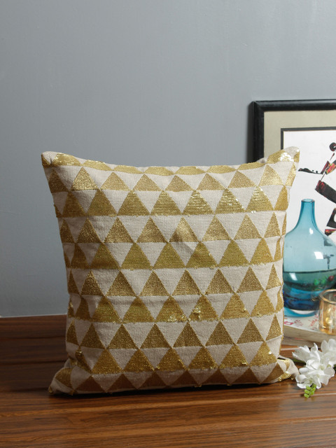 

Living Essence Gold-Toned & Cream-Coloured Single Self Design Square Cushion Cover