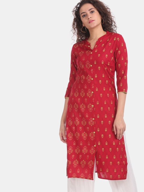 

Karigari Women Red & Yellow Printed Straight Kurta