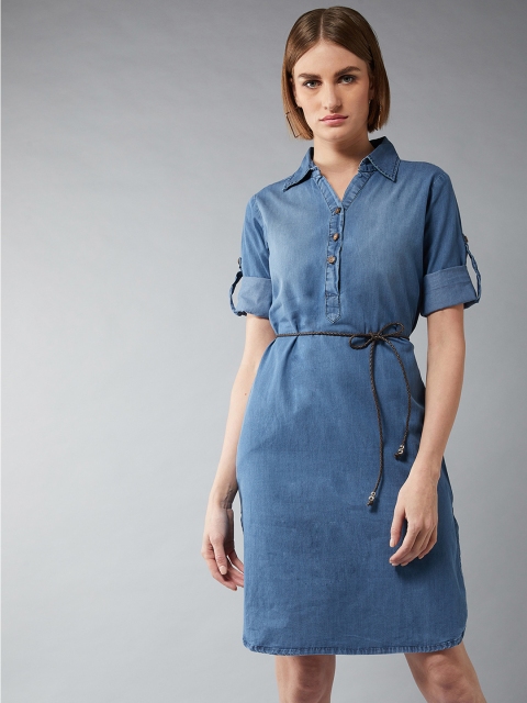

DOLCE CRUDO Women Blue Denim Solid Shirt Dress