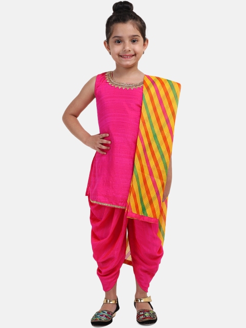 

BownBee Girls Pink & Yellow Embroidered Kurta with Dhoti Pants & Dupatta