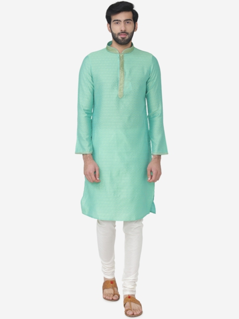 

Manyavar Men Sea Green & White Self Design Kurta with Churidar