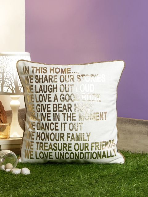 

HomeTown White & Gold-Coloured Quirky Square Cushion Cover