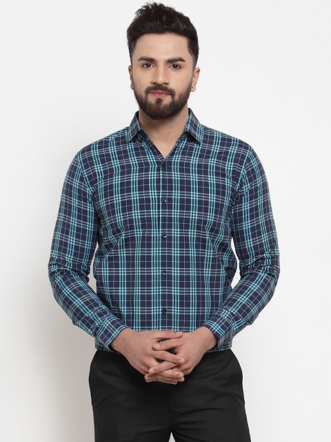 

JAINISH Men Green & Navy Blue Regular Fit Checked Formal Shirt