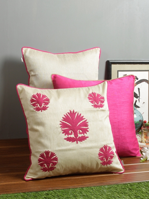 

Living Essence Off-White & Pink Set of 3 Embroidered Square Cushion Covers