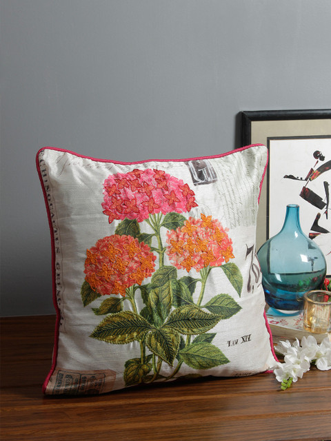 

Living Essence Off-White & Orange Single Floral Square Cushion Covers