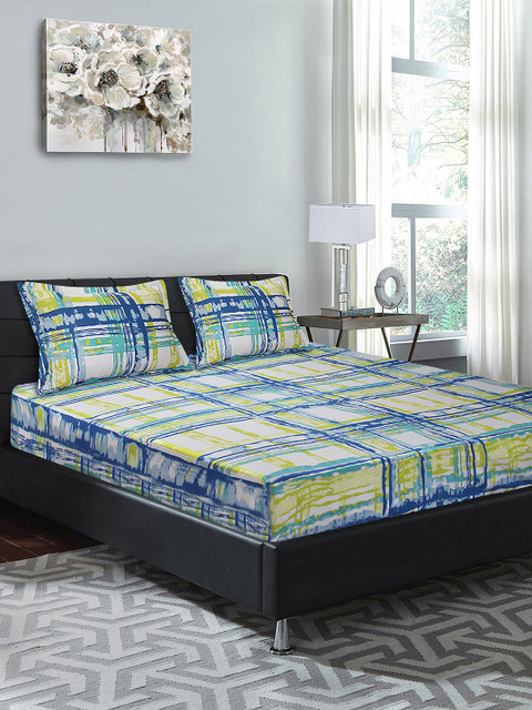 

Good Homes by Home Candy White & Blue Geometric 144 TC Cotton 1 Queen Bedsheet with 2 Pillow Covers