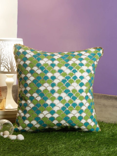 

Living Essence White & Green Geometric Printed Square Cushion Cover