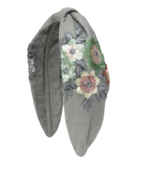 

Hair Drama Company Grey & Green Mesh With Floral Embroidered Turban Headband