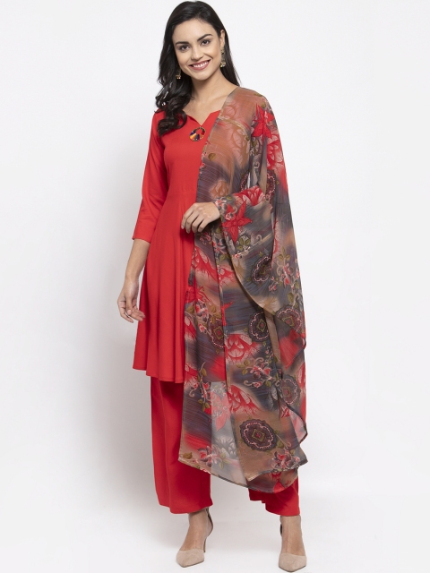 

Jompers Women Red & Grey Solid Kurta with Palazzos & Dupatta
