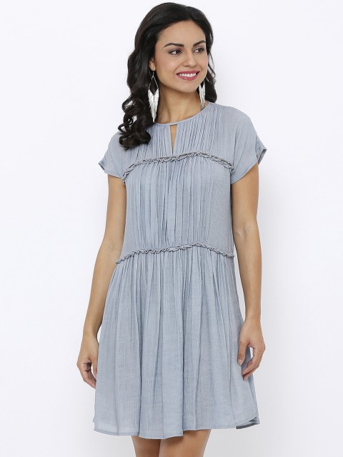 

Soie Women Blue Solid Tiered A-Line Dress