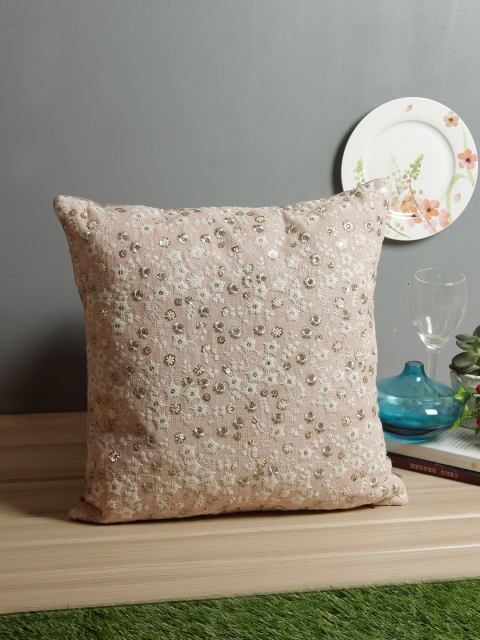

Living Essence Taupe & Cream-Coloured Single Embroidered Square Cushion Cover