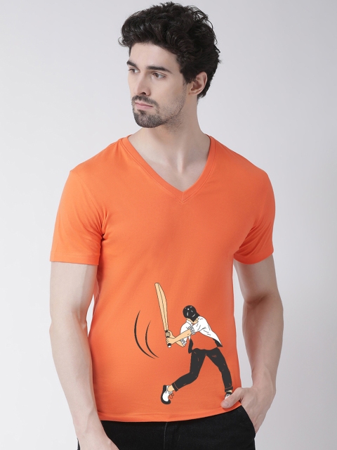 

Friskers Men Orange Printed V-Neck T-shirt