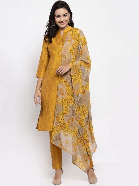 

Jompers Women Yellow & Beige Solid Kurta with Trousers & Dupatta