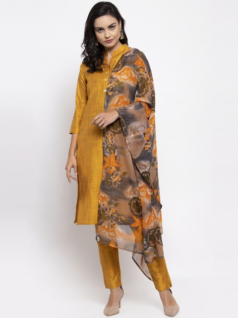 

Jompers Women Yellow & Grey Solid Kurta with Trousers & Dupatta