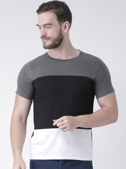 

GRIFFEL Men Grey Melange & White Colourblocked Round Neck T-shirt