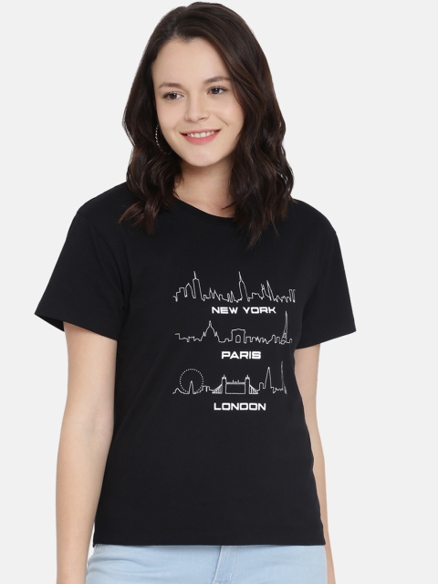 

ISU Women Black Printed Round Neck T-shirt