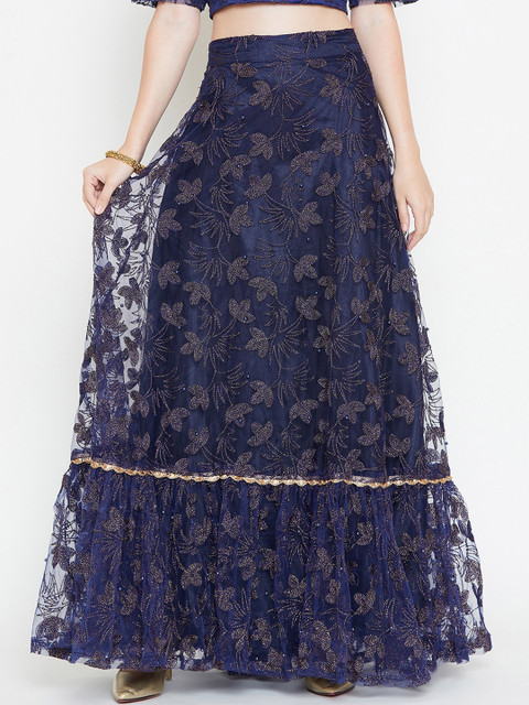 

studio rasa Women Navy Blue Embellished Net Floral Embroidered A-Line Maxi Skirt