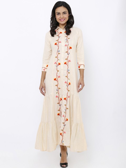 

Soie Women Beige & Orange Printed Embellished Shirt Dress