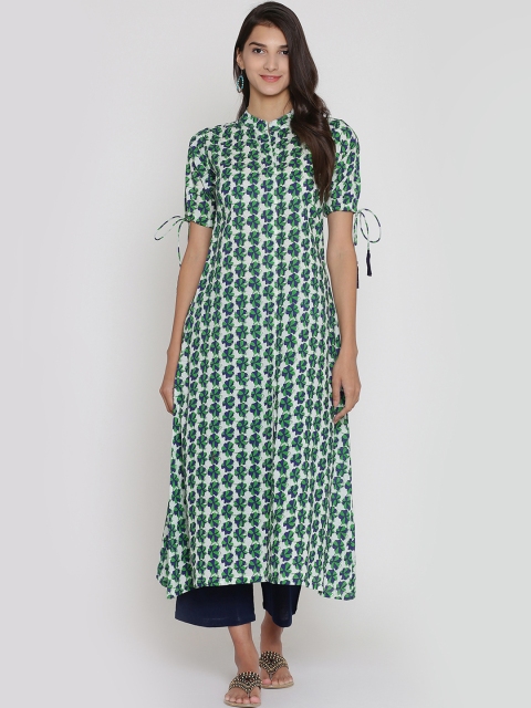 

Adizya Women White & Green Printed A-Line Kurta