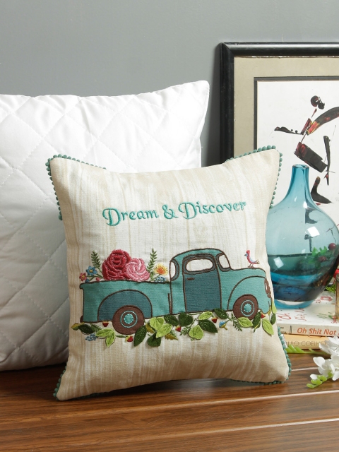 

Living Essence Beige & Green Single Embroidered Square Cushion Cover